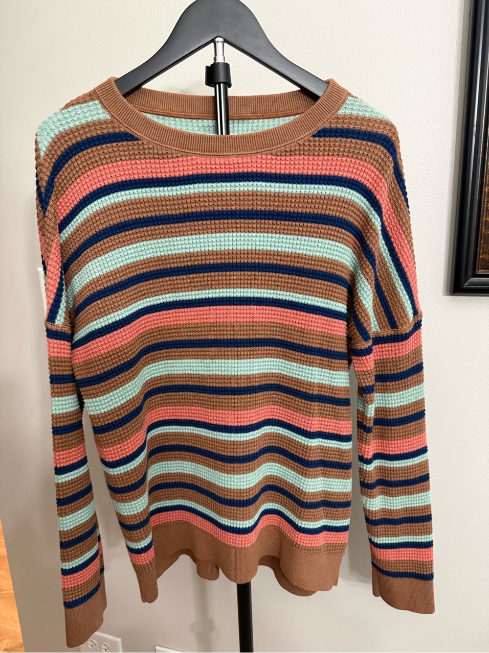 REI Cooperative Striped Waffle Knit Sweater in Brown, Mint, Coral & Navy Large